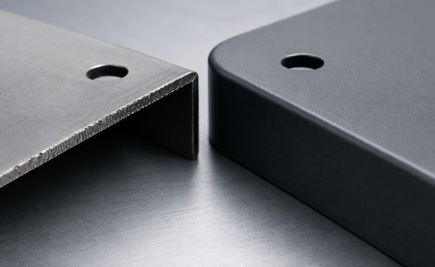 Sharp edge vs rounded edge comparison for improved powder coating adhesion on sheet metal parts