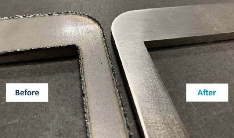 Laser-cut metal part before and after automated deburring and edge rounding-sourced: arku