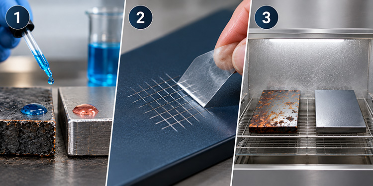 Three shop-floor tests to verify laser oxide removal including copper sulfate test, cross-hatch tape adhesion, and salt spray testing