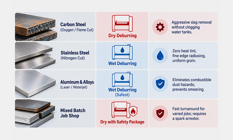 Material selection matrix for wet vs dry deburring machines from ARMPRE