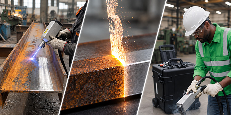 Handheld laser cleaning gun removing oxide scale on steel and showing slow manual cycle times