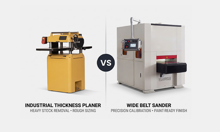 Industrial thickness planer vs. wide belt sander side-by-side comparison