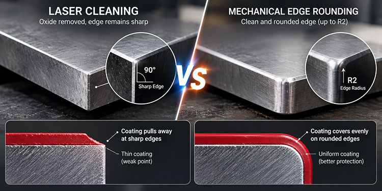 Laser cleaning leaving sharp 90 degree edge vs mechanical deburring creating R2 rounded edge for uniform paint coating