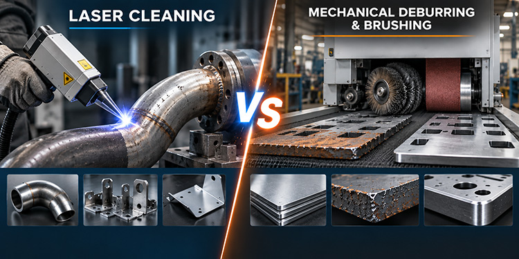 Application guide comparing 3D curved parts for laser cleaning vs flat sheet metal plates for mechanical deburring and edge rounding