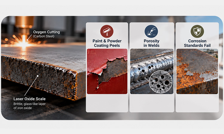 Laser cut carbon steel oxide scale causing paint peeling, weld porosity, and coating corrosion failure