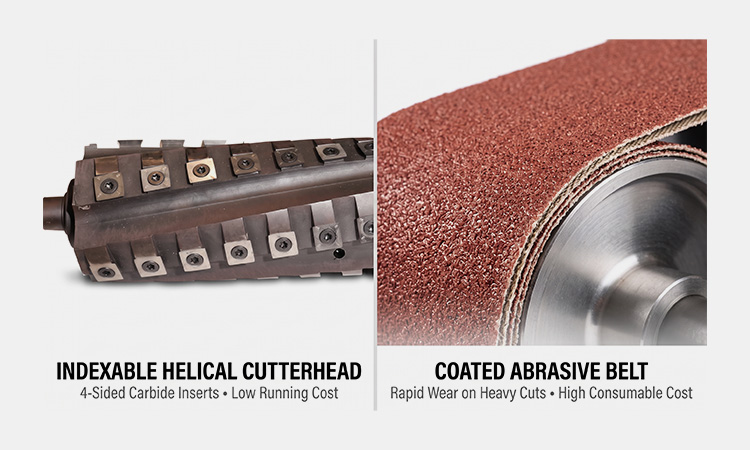 Carbide inserts minimize maintenance costs; abrasive belts wear quickly under heavy cutting.