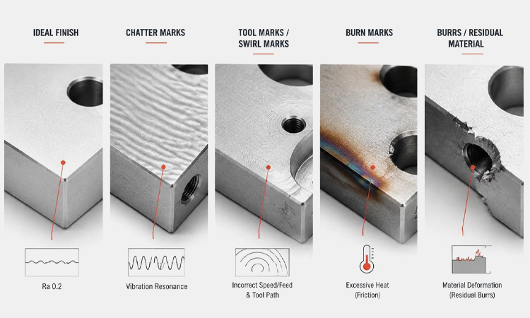 Visual chart of metal surface finish defects including chatter marks, burn marks, and burrs with causes and solutions.