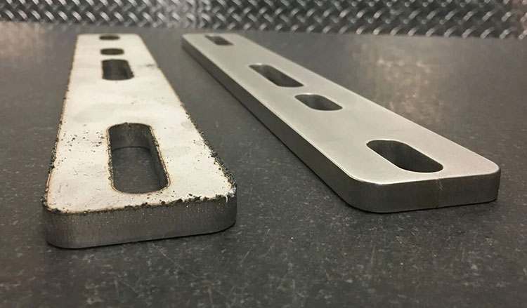 Before and after comparison of laser cut steel plate showing heavy dross slag removal and clean edge radiusing.