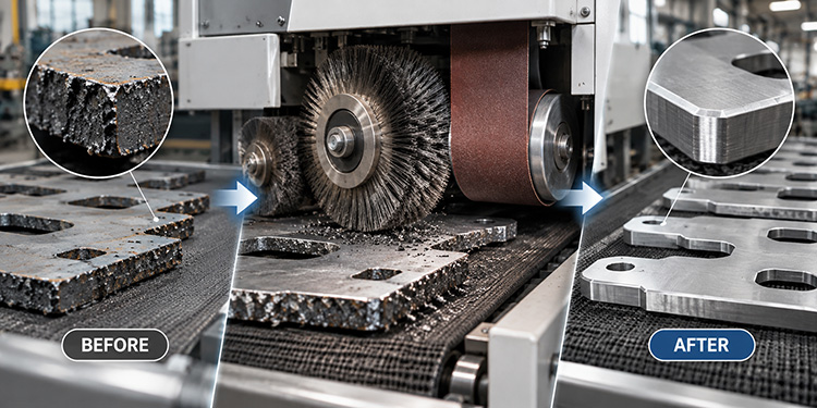 Through-feed deburring machine with rotating wire brushes and abrasive belts removing laser cut oxide and heavy slag