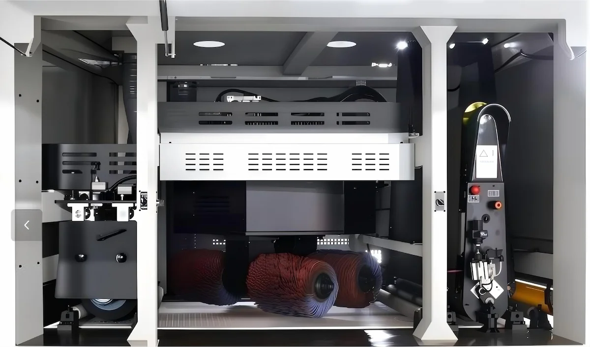 Open-door view of an ARMPRE flat-part deburring machine